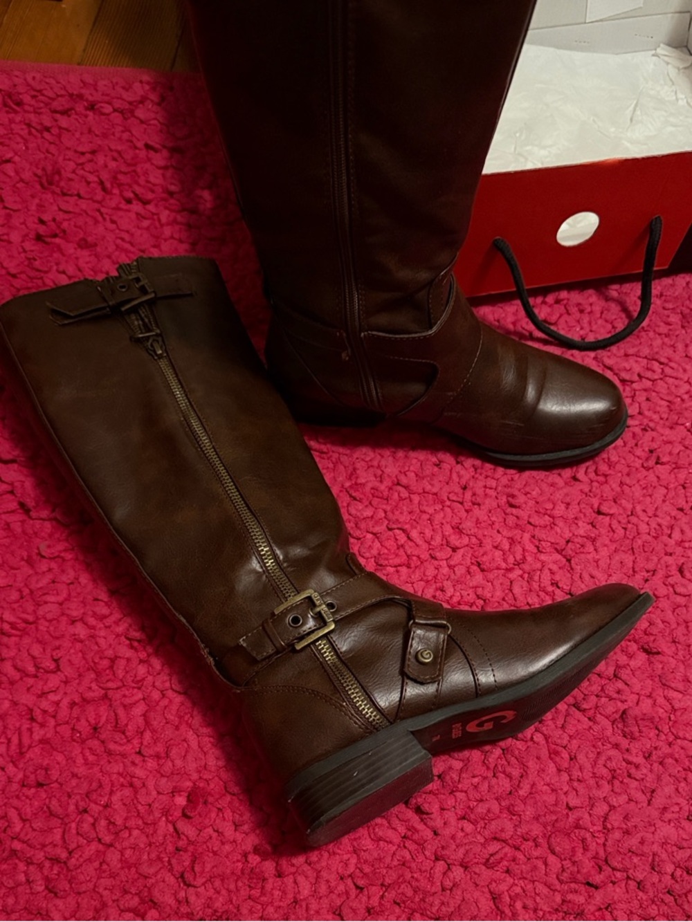 G by Guess Brown Faux-Leather Lace-Up Riding Boots with Side Buckle with box